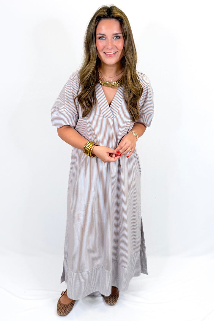 KARLIE: BROWN STRIPE POPLIN VNECK SIGNATURE MAXI DRESS