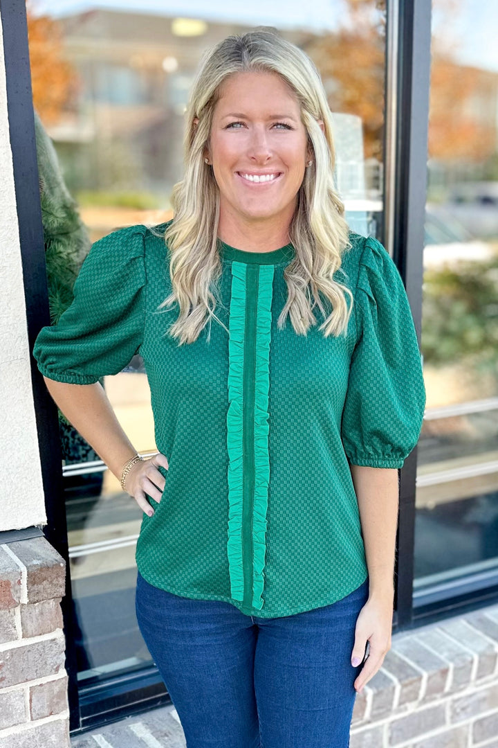 DARK GREEN TEXTURED RUFFLE STRIPE DETAIL TOP