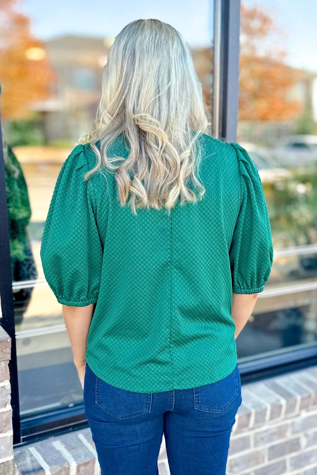 DARK GREEN TEXTURED RUFFLE STRIPE DETAIL TOP