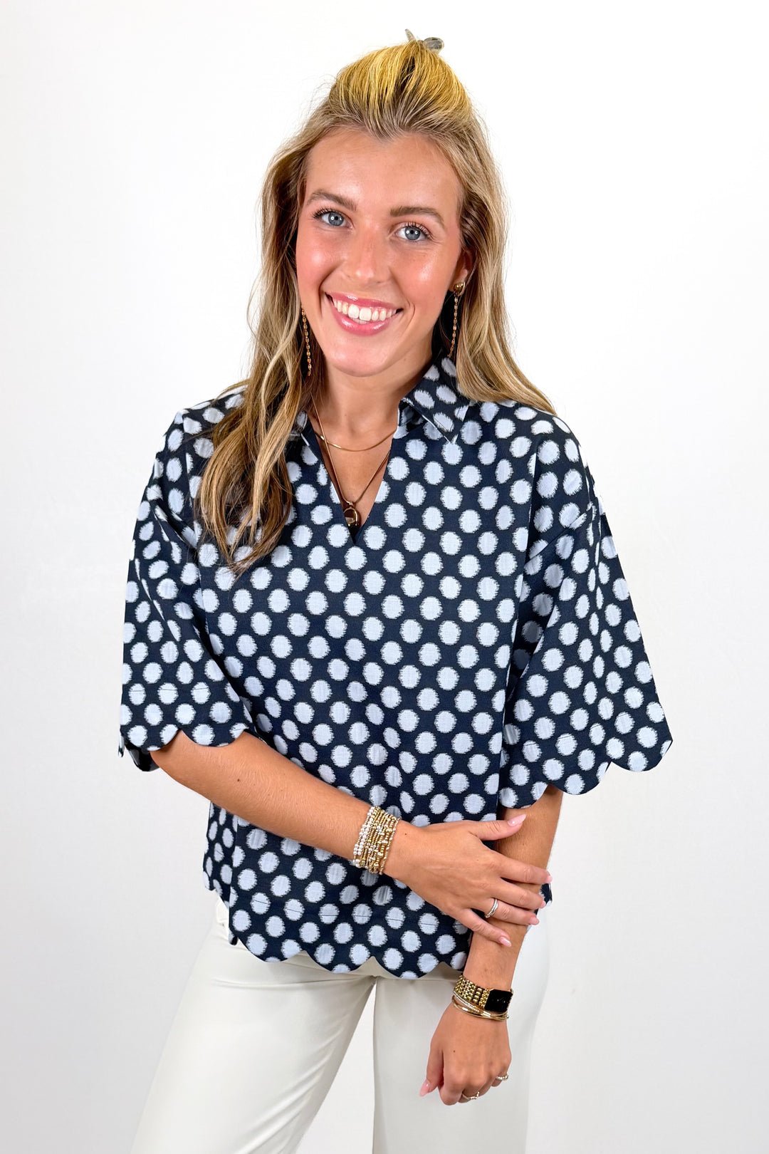 NAVY & BLUE POLKA DOT COLLAR TOP