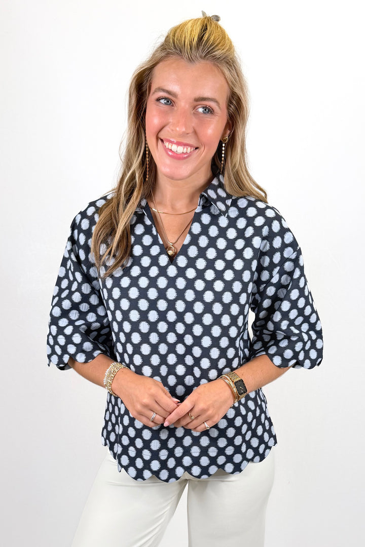 NAVY & BLUE POLKA DOT COLLAR TOP