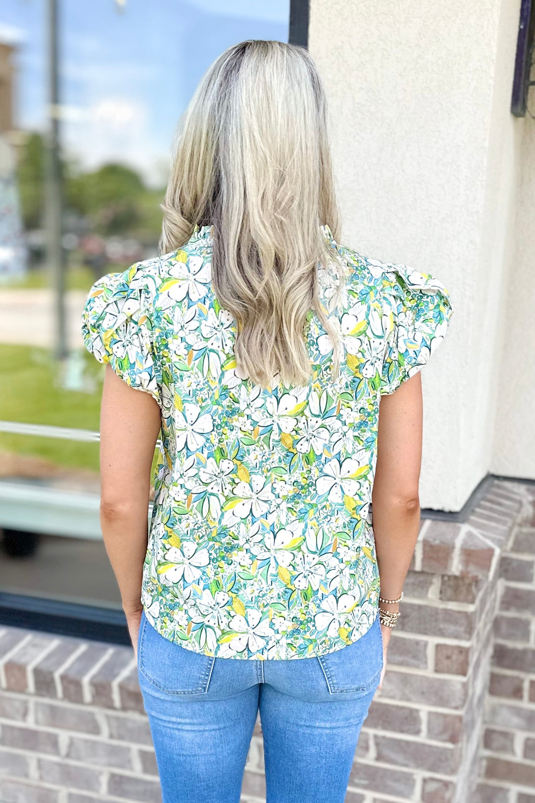 GREEN & BLUE FLORAL TIE FRONT TOP