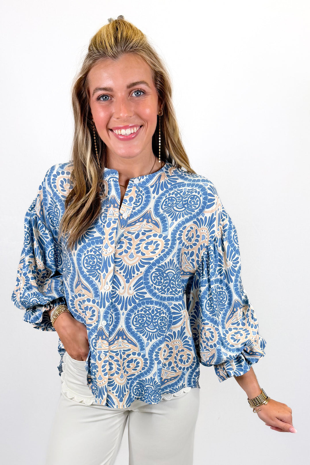 BLUE DAMASK PRINT BALLOON SLEEVE TOP