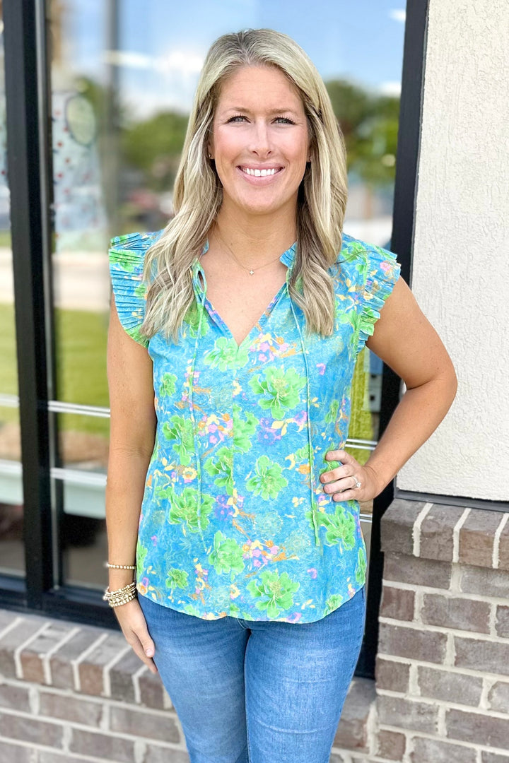 BLUE FLORAL PLEATED RUFFLE TRIM TOP