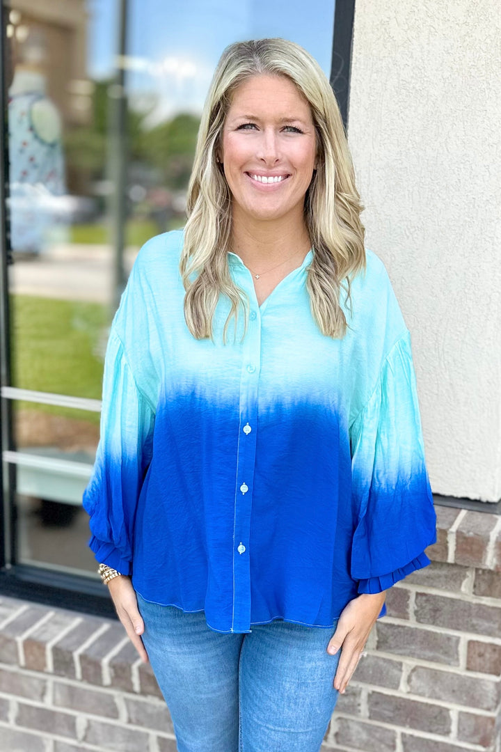 BLUE OMBRE PUFF SLEEVE BUTTON TOP