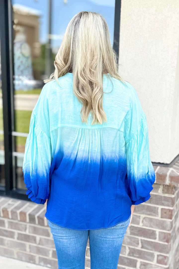BLUE OMBRE PUFF SLEEVE BUTTON TOP