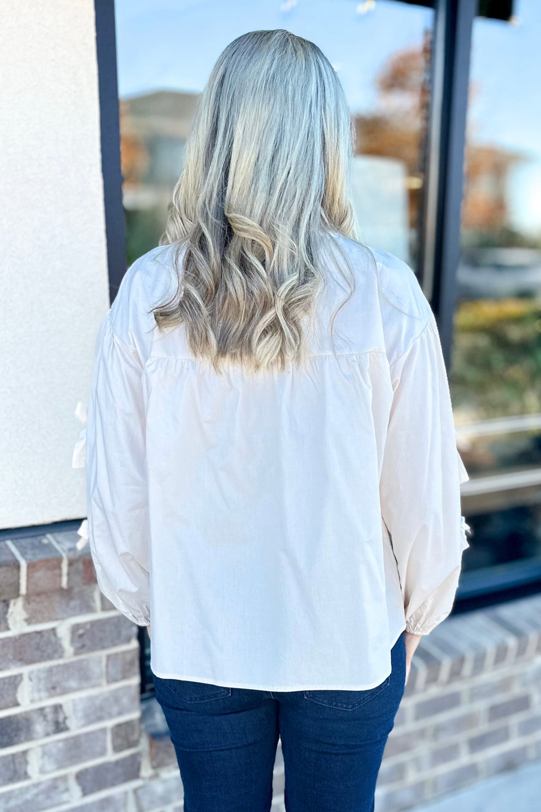 OATMEAL LONG SLEEVE PEASANT TOP