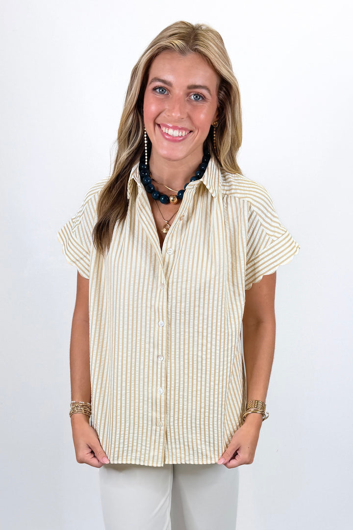 TAN STRIPE SCALLOP SLEEVE BUTTON UP TOP
