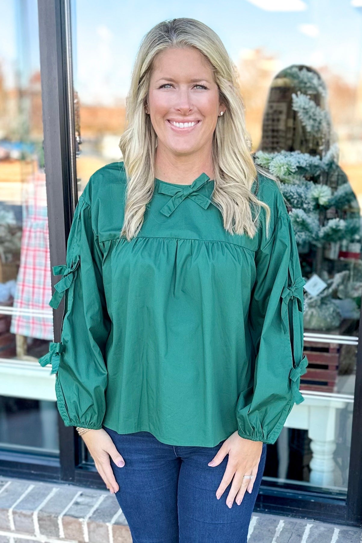 HUNTER GREEN LONG SLEEVE PEASANT TOP