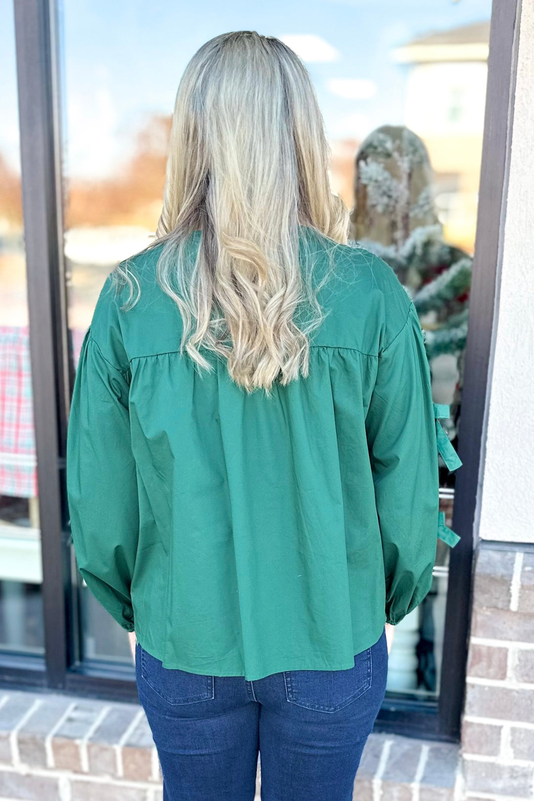 HUNTER GREEN LONG SLEEVE PEASANT TOP