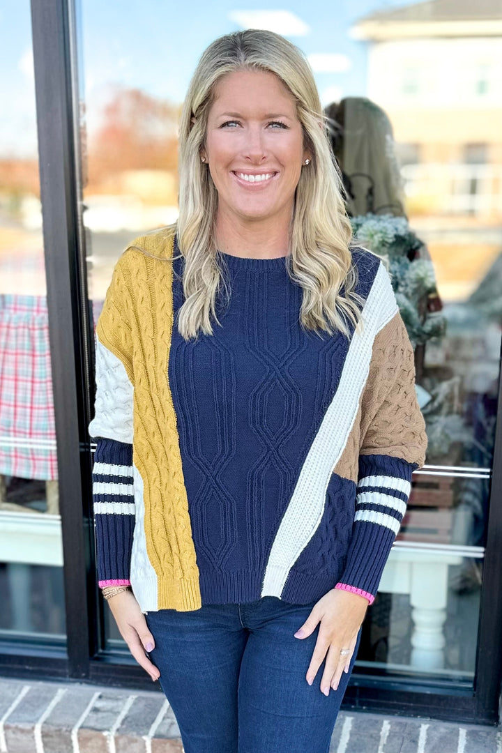 NAVY & MUSTARD COLOR BLOCK SWEATER