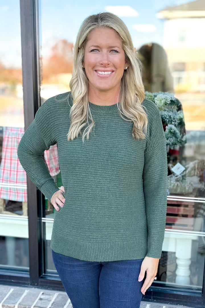 OLIVE RIBBED SIDE SPLIT SWEATER