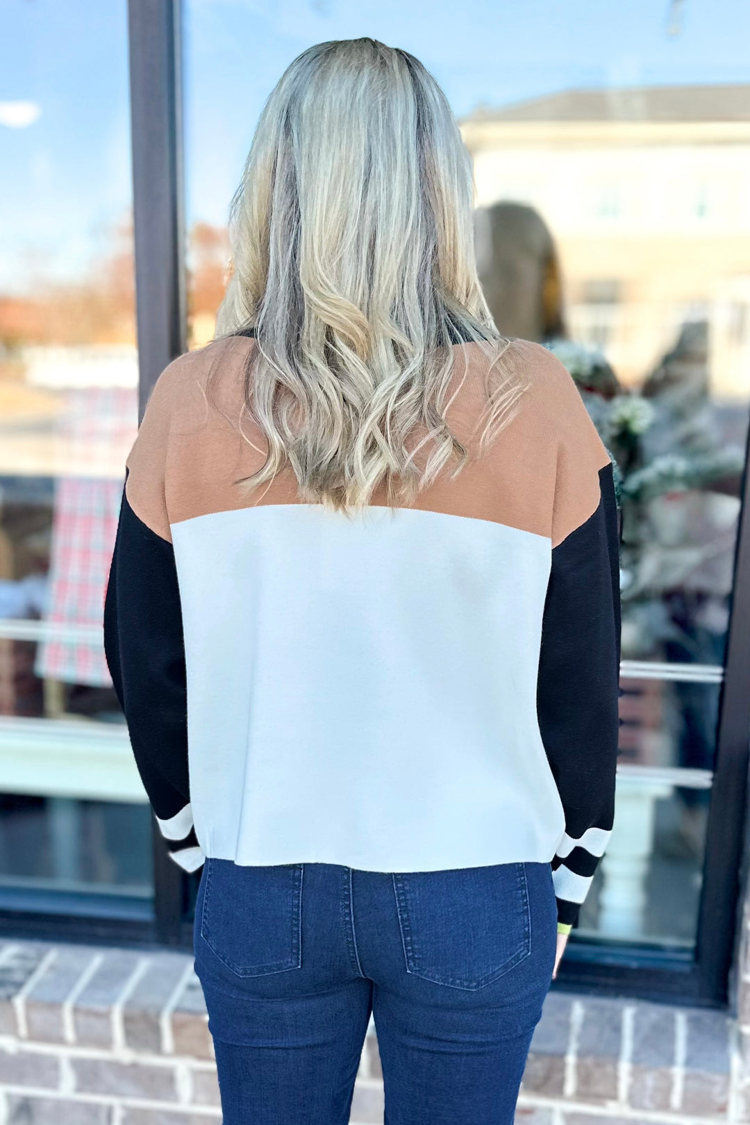 BLACK, BROWN, WHITE COLOR BLOCK SWEATER