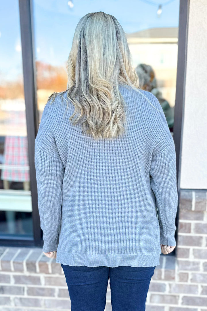 GREY WAFFLE KNIT OPEN FRONT CARDIGAN