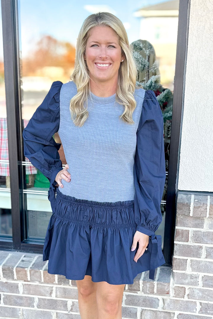 NAVY & GREY CONTRAST DROP WAIST DRESS