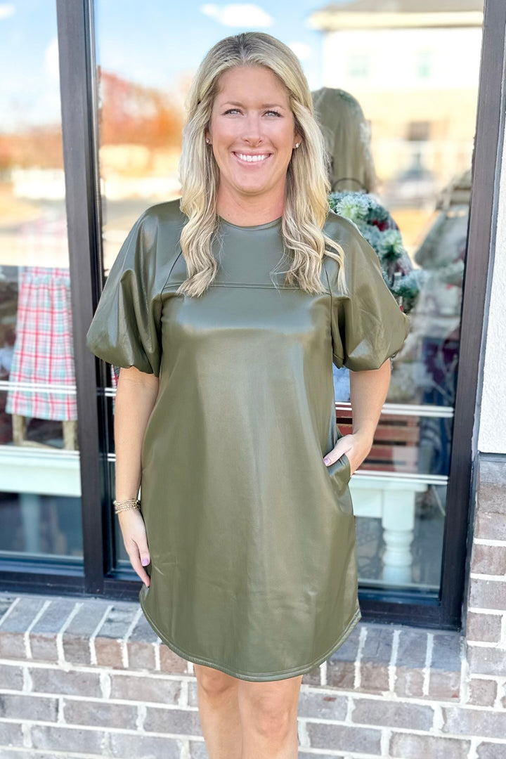 OLIVE FAUX LEATHER DRESS