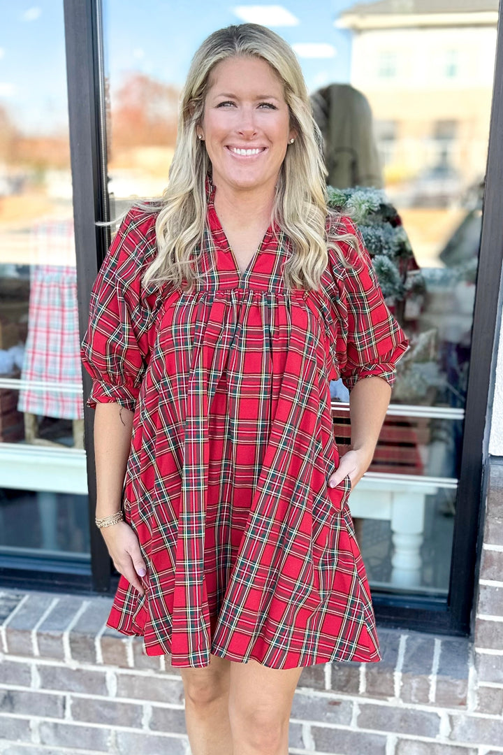 RED HOLIDAY PLAID PUFF SLEEVE DRESS