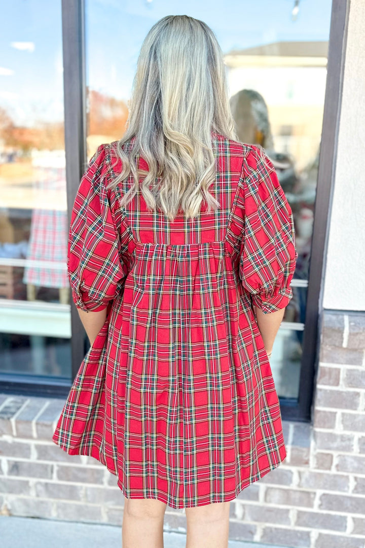 RED HOLIDAY PLAID PUFF SLEEVE DRESS