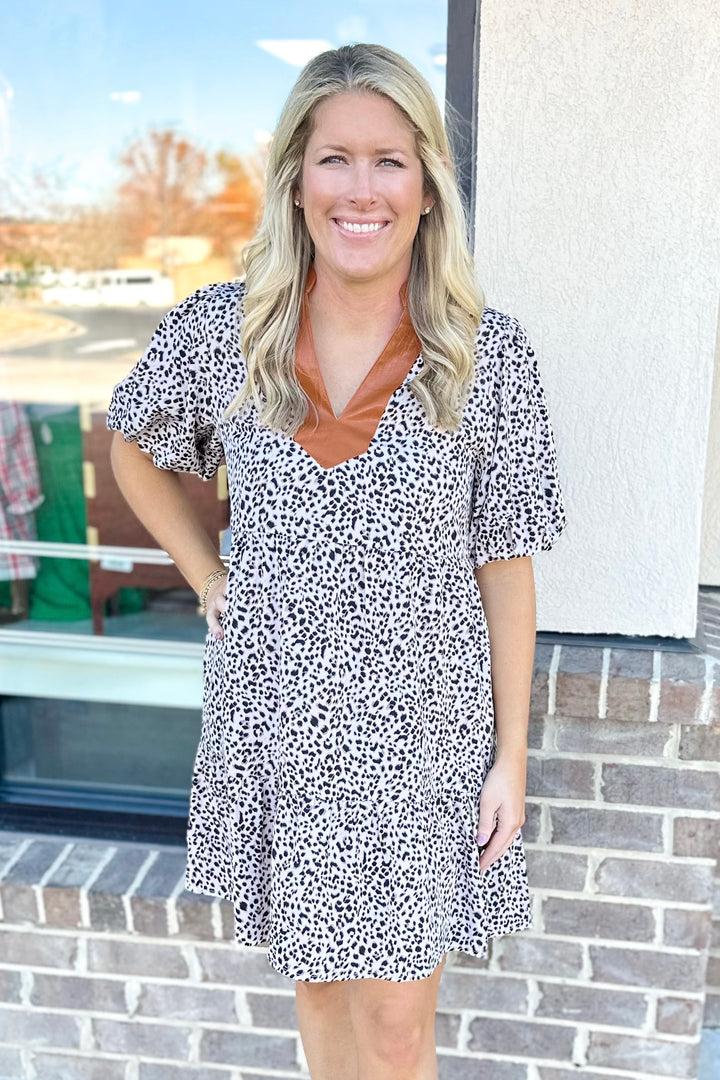 CREAM LEOPARD FAUX LEATHER TRIM DRESS