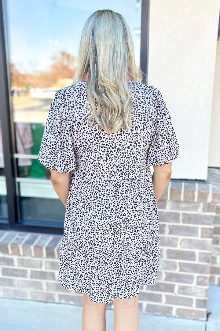 CREAM LEOPARD FAUX LEATHER TRIM DRESS