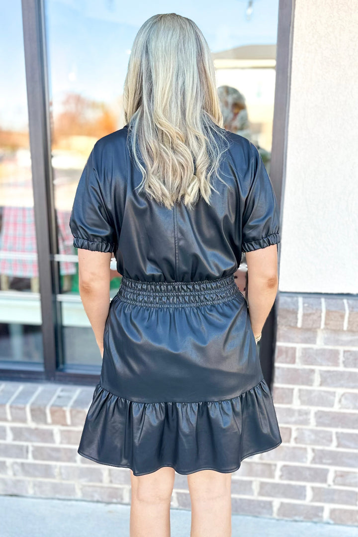 BLACK FAUX LEATHER ELASTIC WAIST DRESS