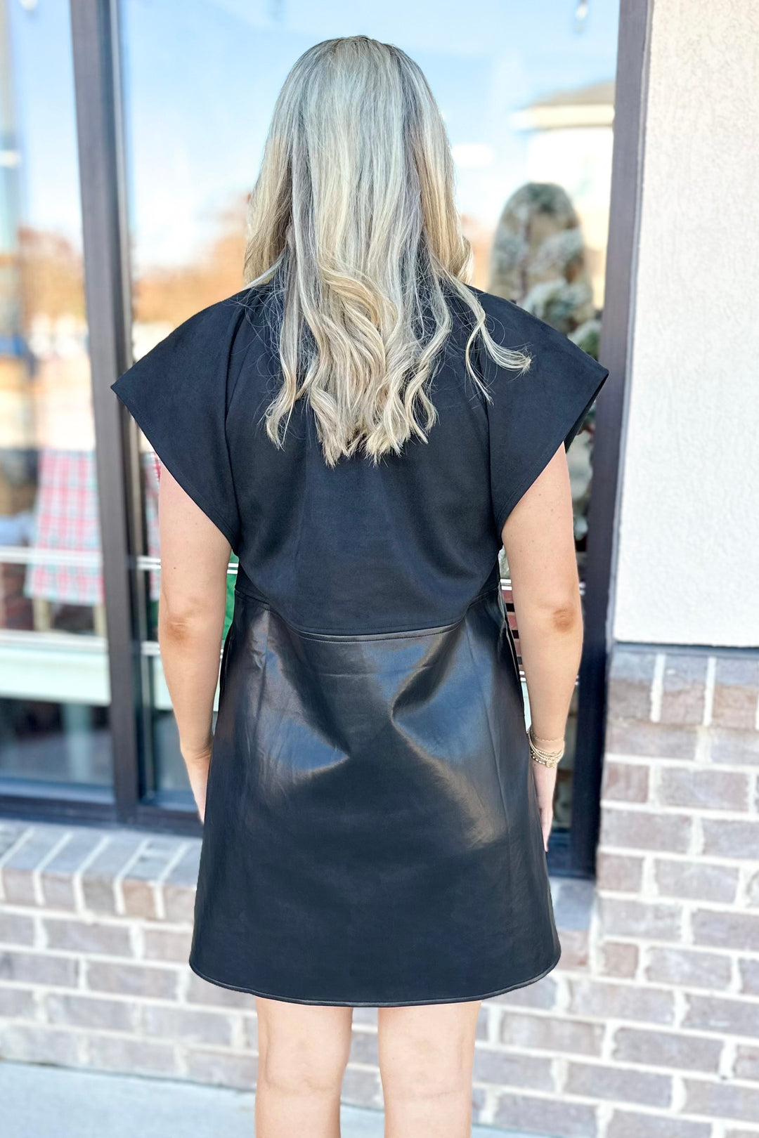 BLACK FAUX LEATHER & SUEDE ANGLED SLEEVE DRESS