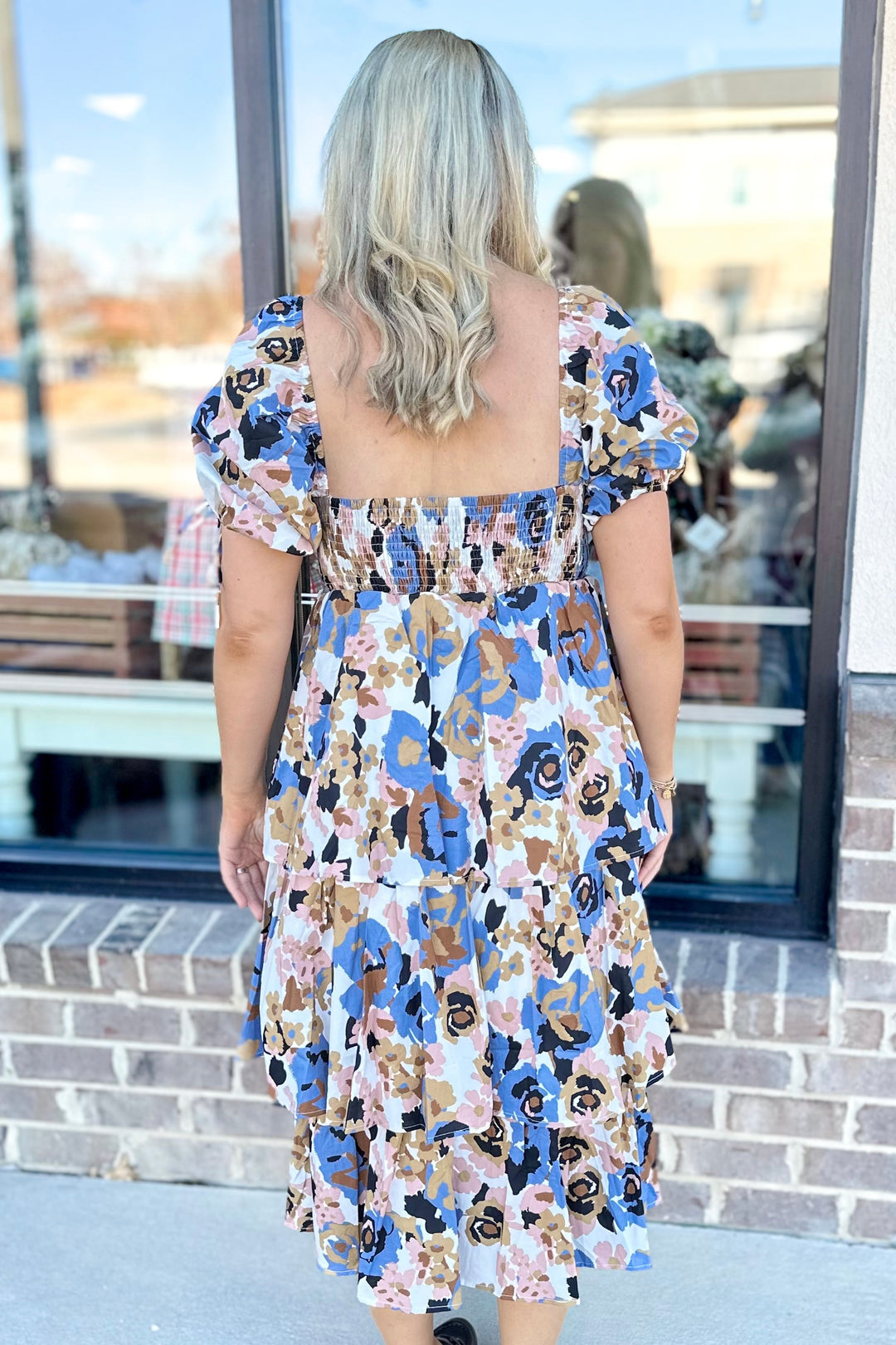 BLUE & BLUSH ABSTRACT FLORAL MIDI DRESS