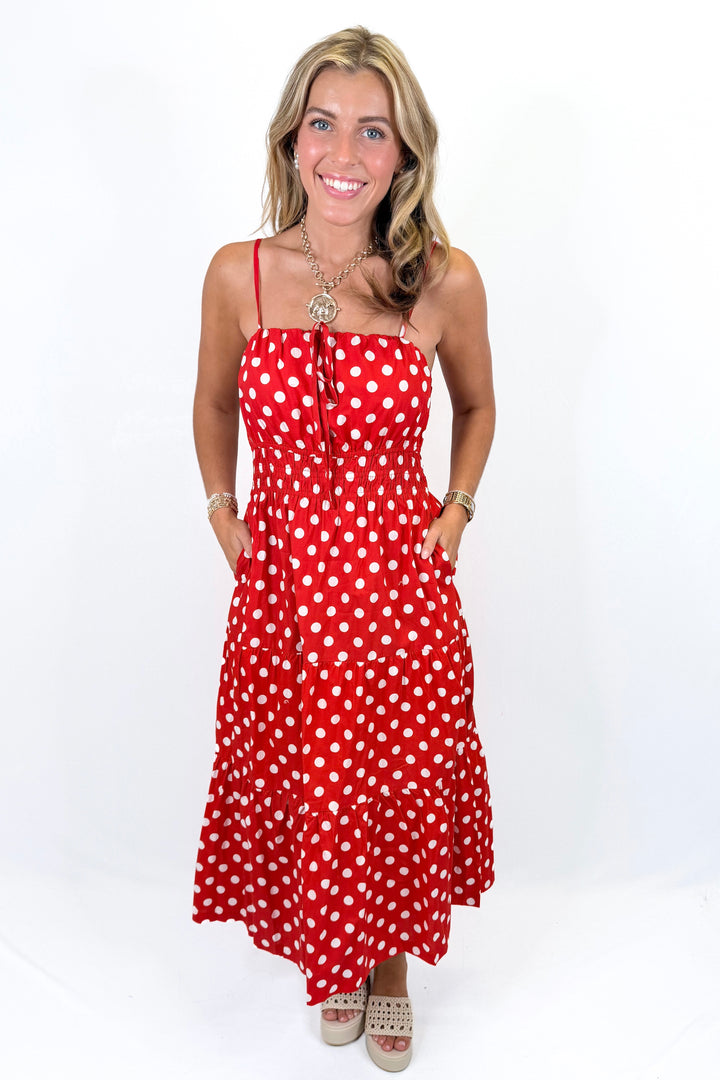 RED & WHITE POLKA DOT MIDI DRESS