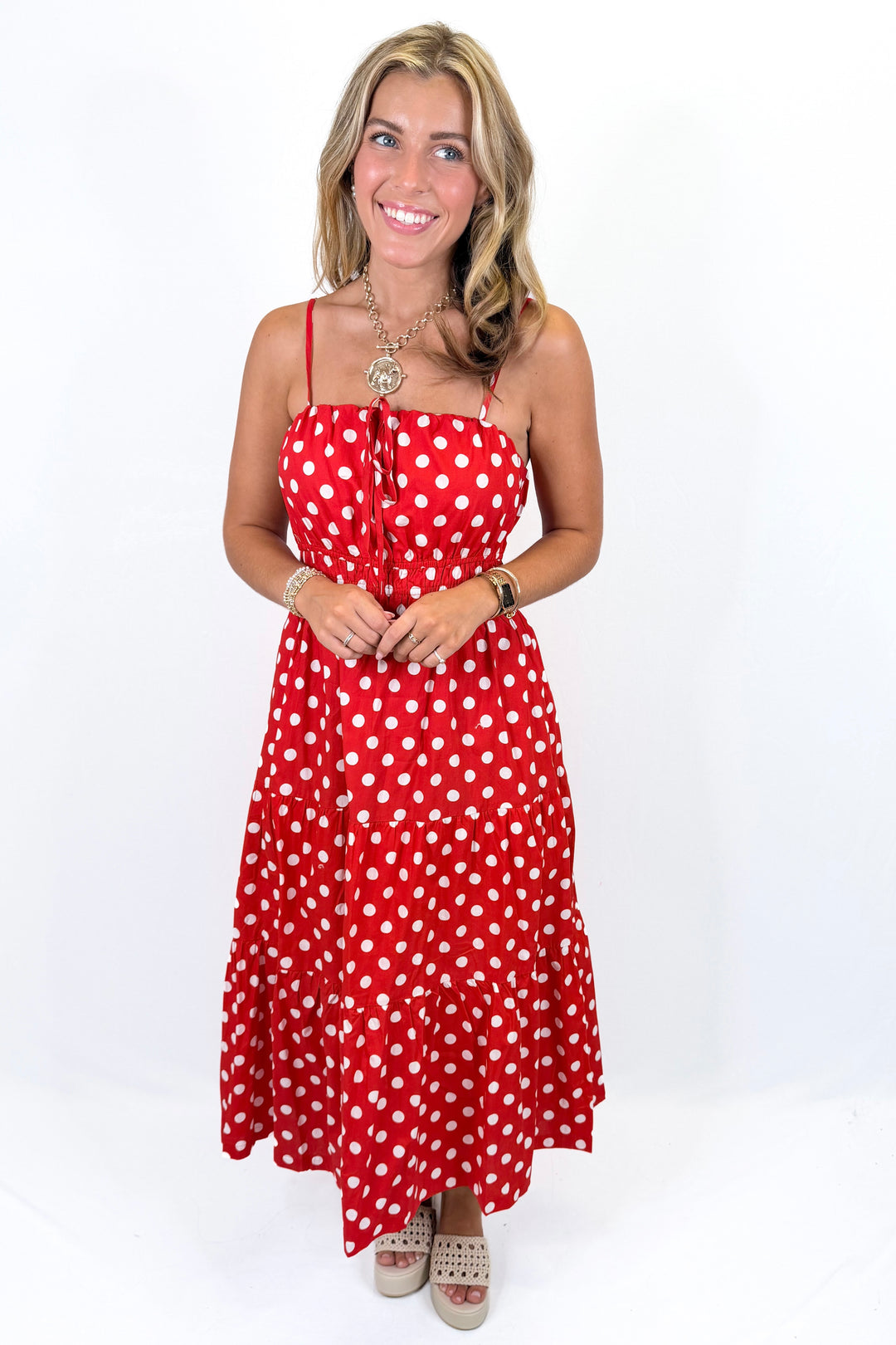 RED & WHITE POLKA DOT MIDI DRESS