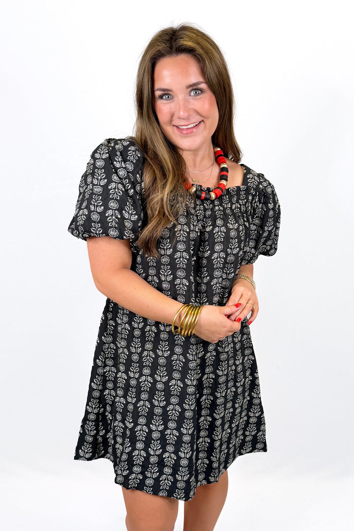 BLACK BOTANICAL PRINT SQUARE NECK DRESS