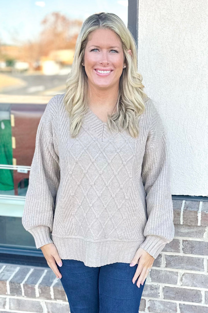 TAUPE VNECK CABLE SWEATER