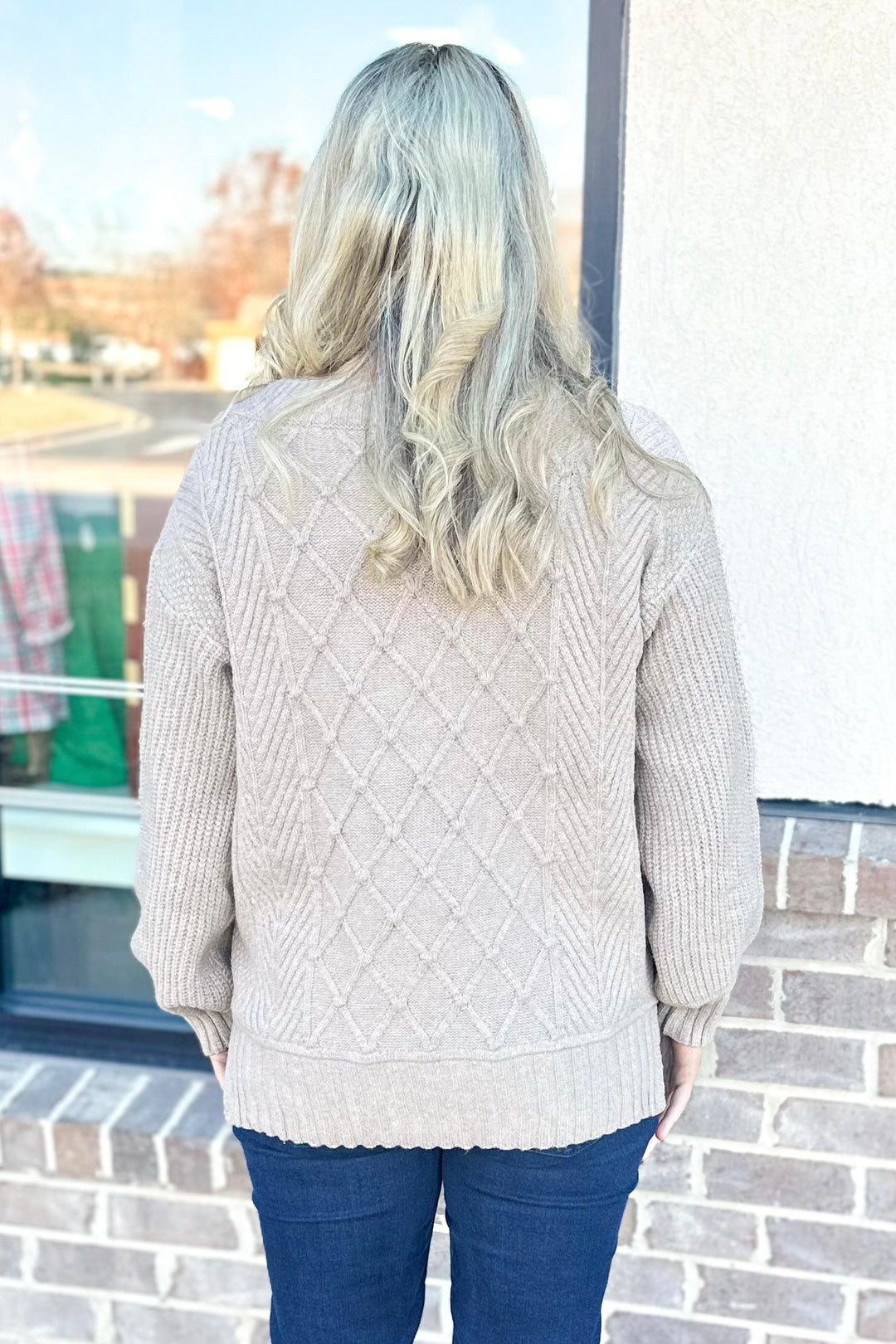 TAUPE VNECK CABLE SWEATER