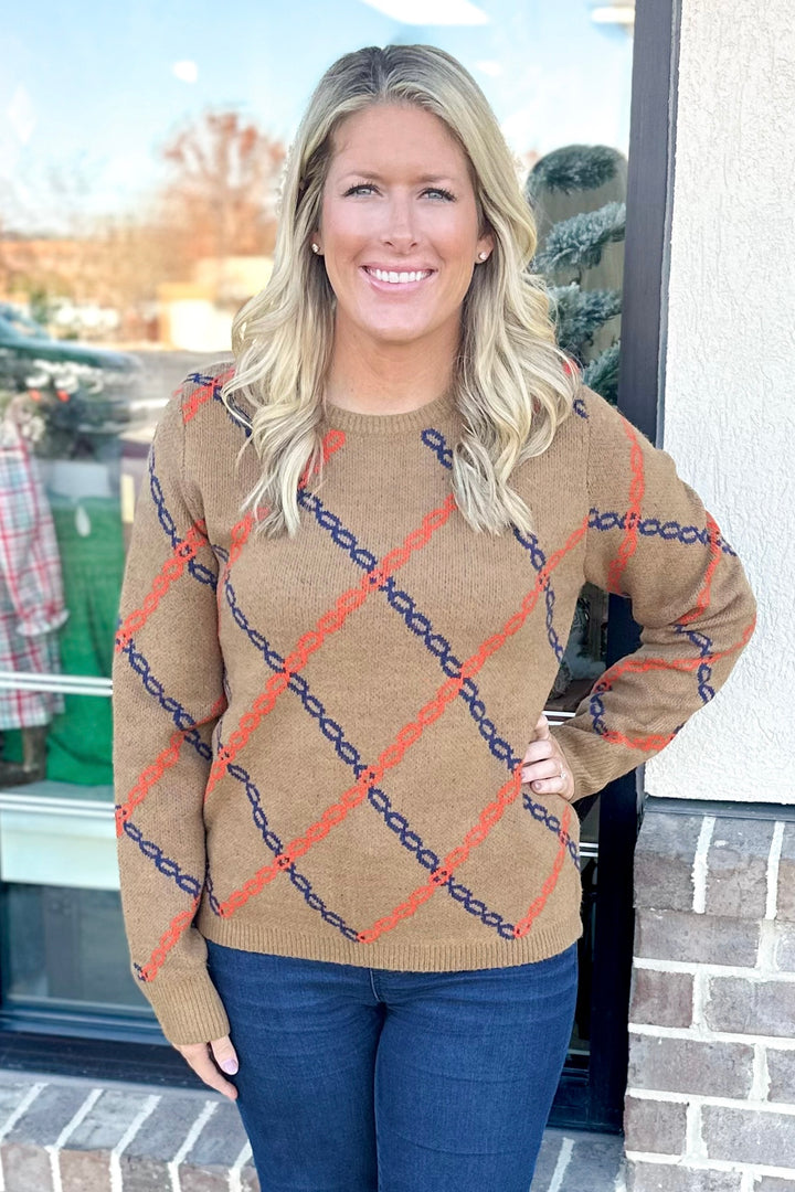 CAMEL, ORANGE & NAVY CHAIN PRINT SWEATER