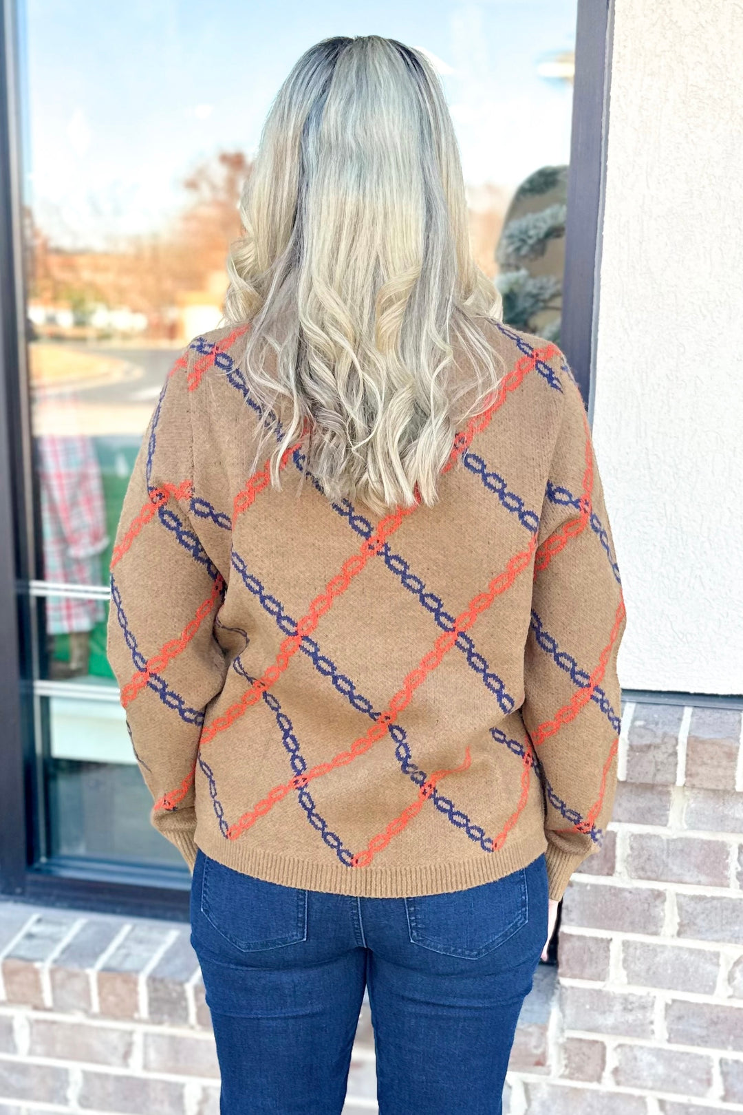 CAMEL, ORANGE & NAVY CHAIN PRINT SWEATER