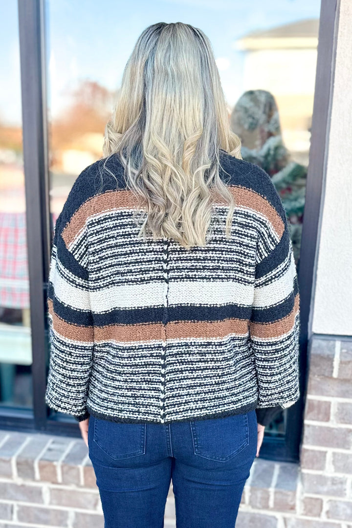 BLACK, BROWN, CREAM STRIPE WOVEN SWEATER