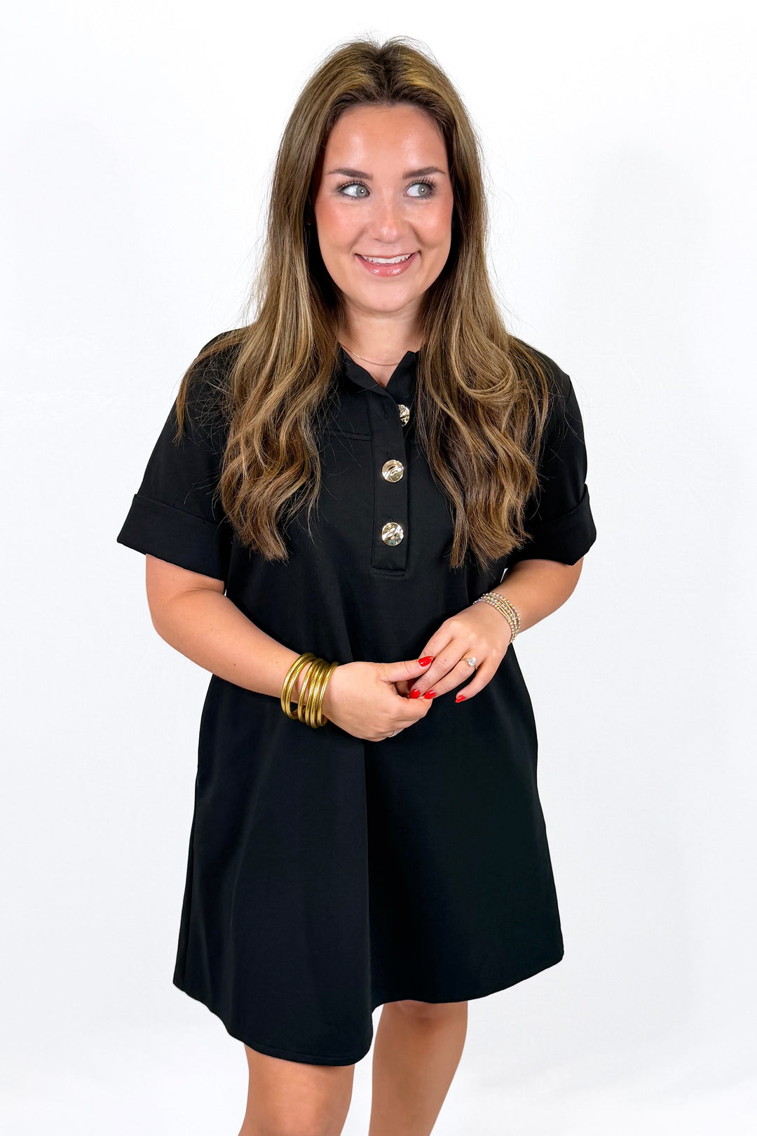 BLACK SHORT SLEEVE GOLD BUTTON SHIFT DRESS – Walker Boutique