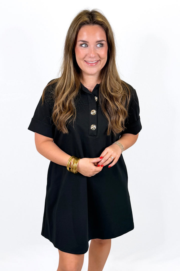 BLACK SHORT SLEEVE GOLD BUTTON SHIFT DRESS