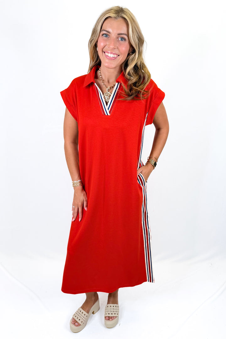 RED CONTRAST SIDE STRIPE MIDI DRESS