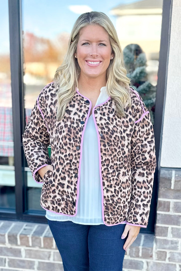 LEOPARD PRINT PINK TRIM QUILTED JACKET