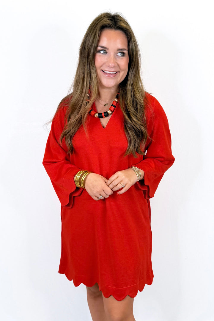 RED SCALLOP 3/4 SLEEVE COLLAR DRESS