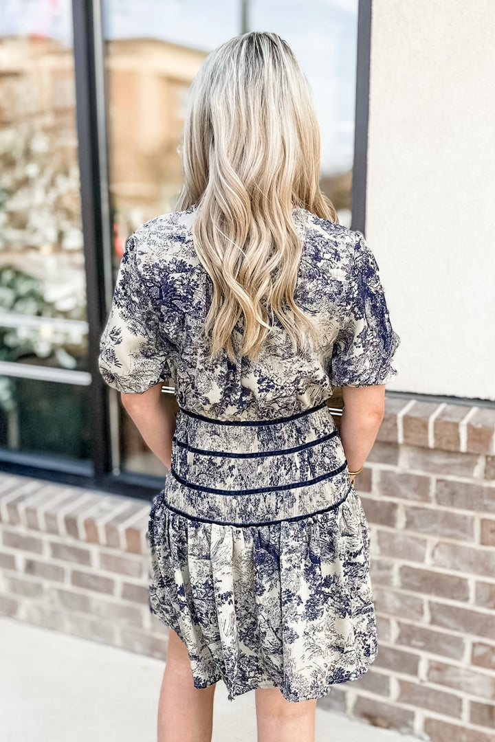 NAVY TOILE PRINT RUCHED WAIST DRESS