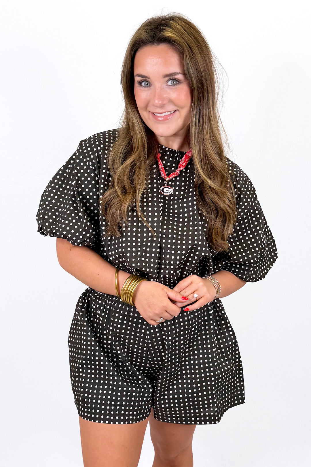 BLACK & WHITE POLKA DOT BUBBLE HEM TOP & SHORTS SET