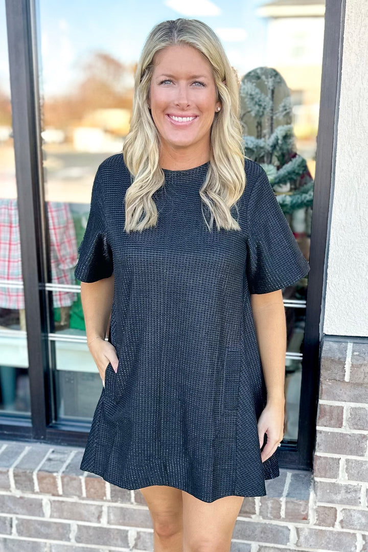 BLACK METALLIC SHORT SLEEVE SWING DRESS