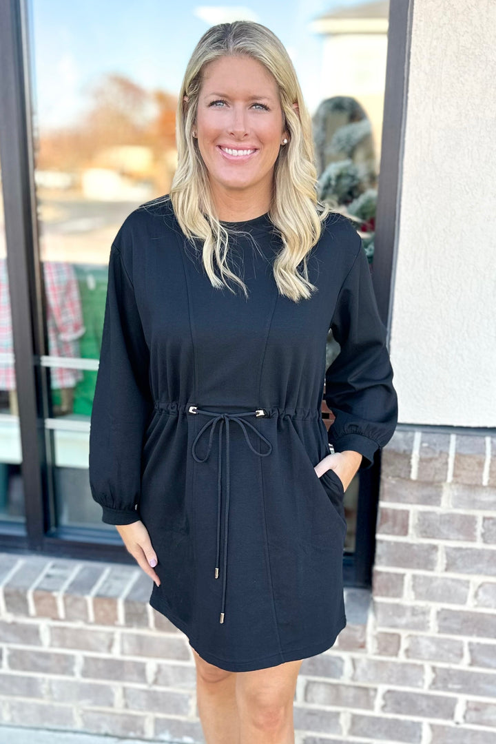 BLACK LONG SLEEVE DRAWSTRING WAIST DRESS