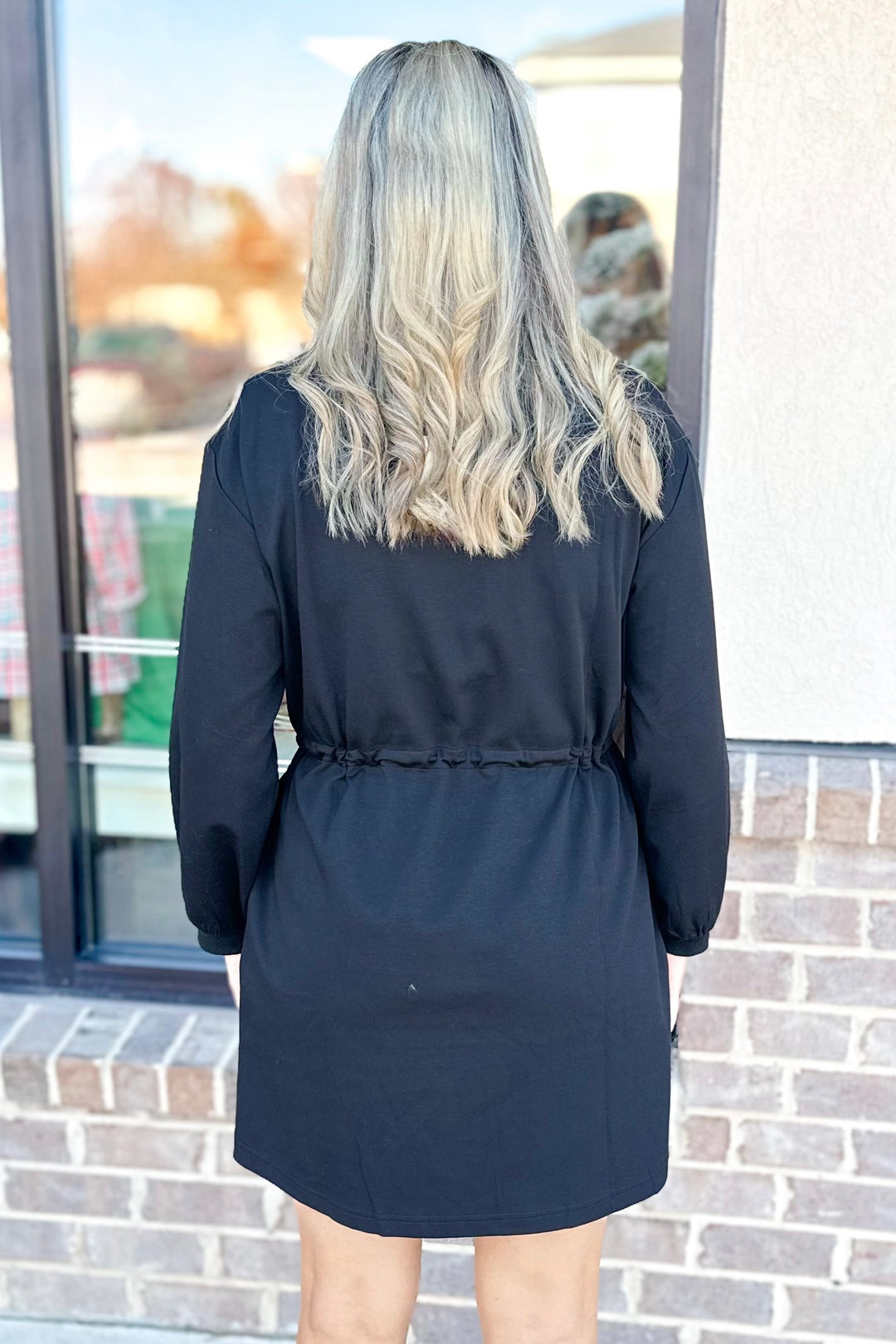 BLACK LONG SLEEVE DRAWSTRING WAIST DRESS