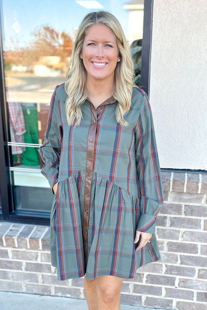 OLIVE PLAID & FAUX LEATHER TRIM DRESS