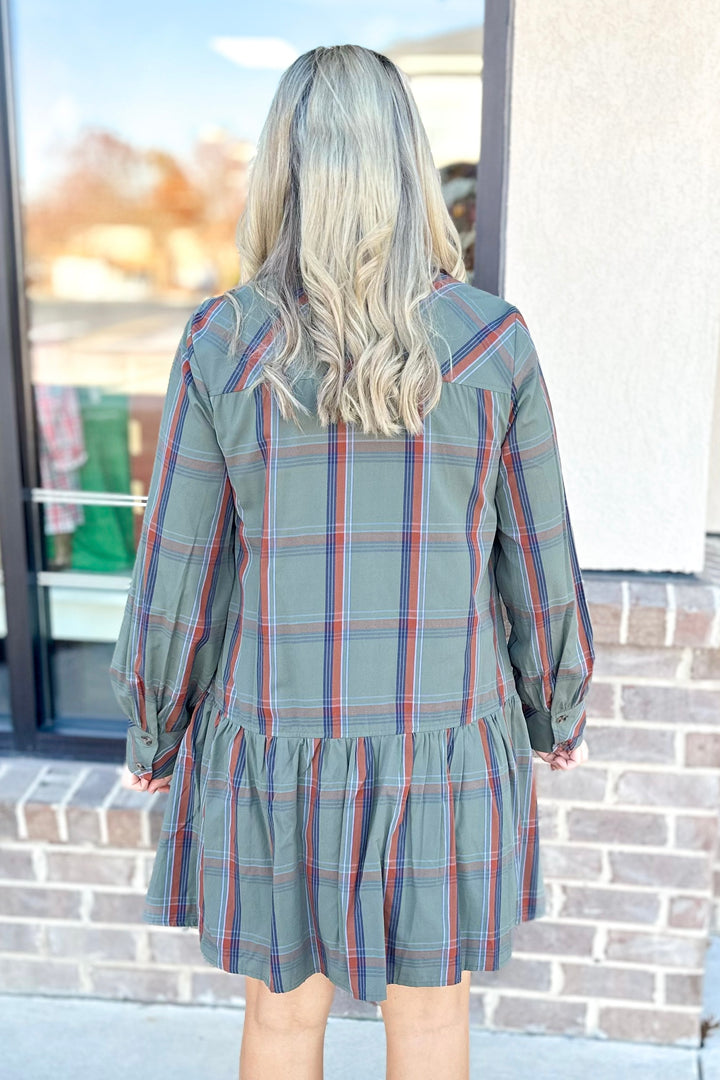 OLIVE PLAID & FAUX LEATHER TRIM DRESS