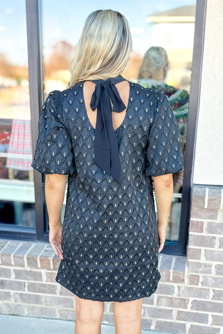 BLACK & GOLD TEXTURED PUFF SLEEVE DRESS