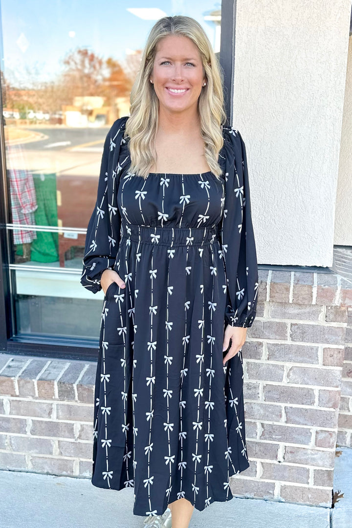 BLACK BOW PATTERN SQUARE NECK MIDI DRESS