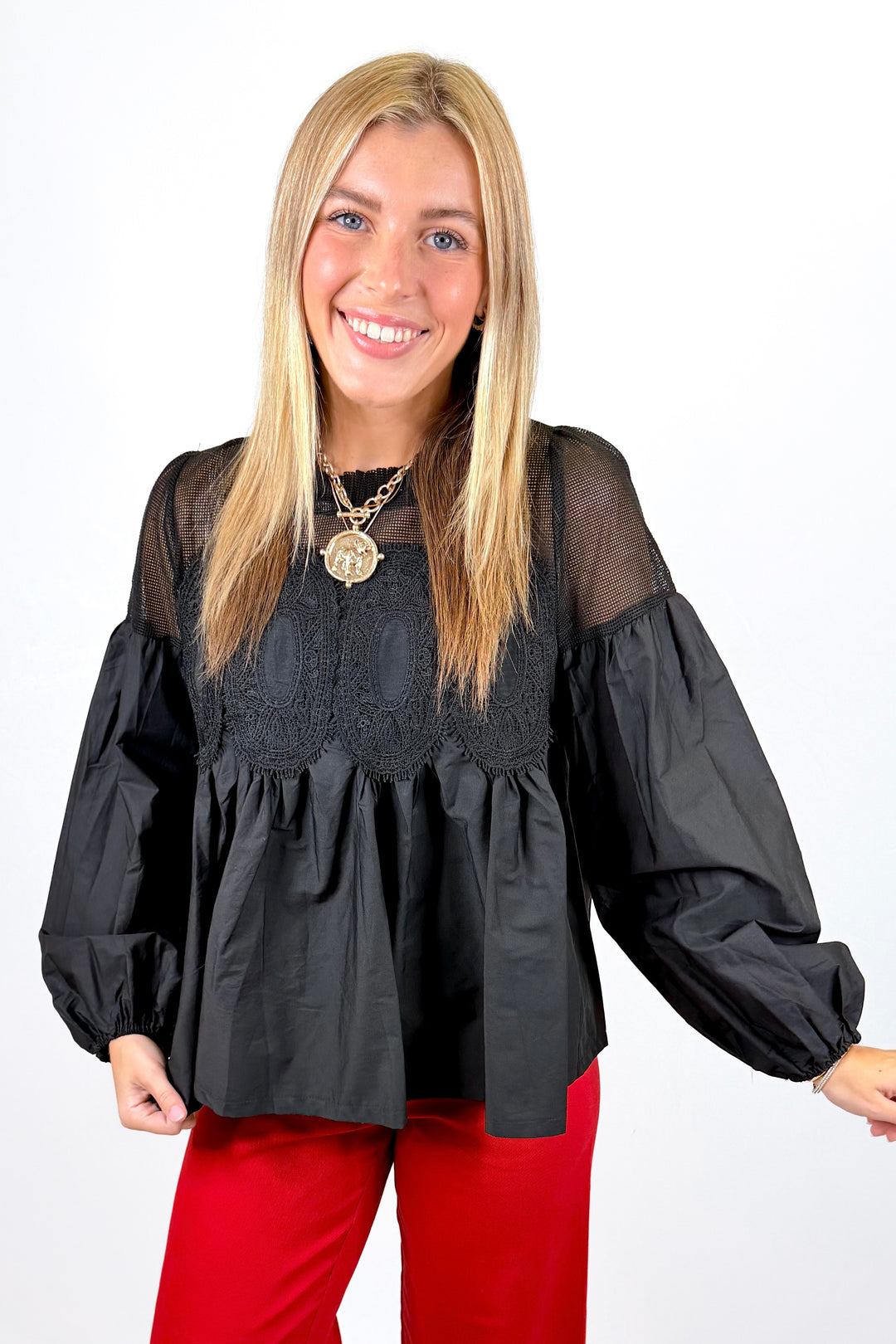 BLACK MESH APPLIQUE LONG SLEEVE TOP